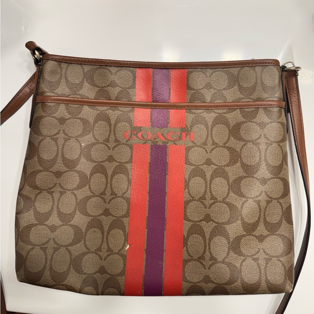 Coach Tan Crossbody Bag with Red and Purple Stripes